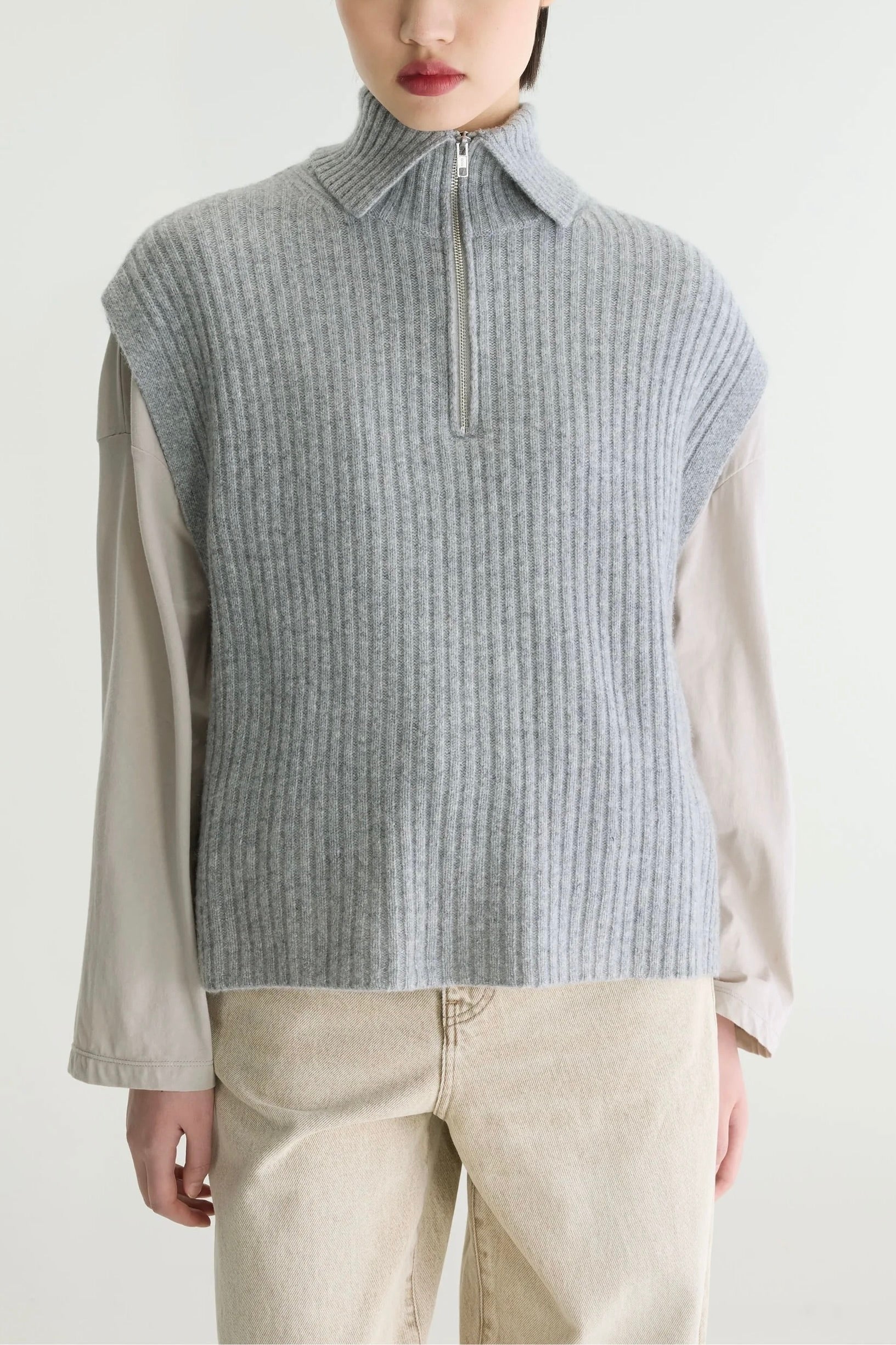 Pull sans manche à col camionneur gris chiné Amer Bellerose -- Bonny Lyon 