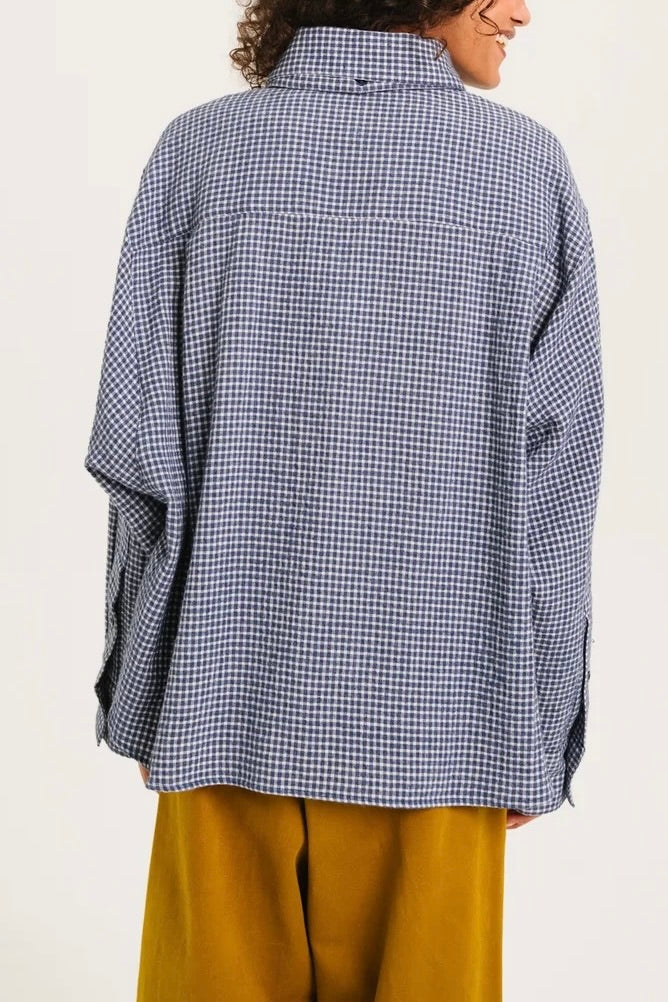 Chemise oversized à carreaux vichy marine et crème foulard nouer à l'encolure Sacré Coeur Drake -- Bonny Lyon 