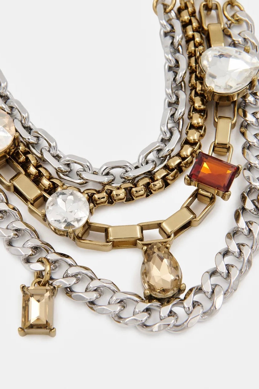 Collier doré et argenté de chaines superposées à pierres précieuses à facettes Kosta Essentiel Antwerp -- Bonny Lyon 