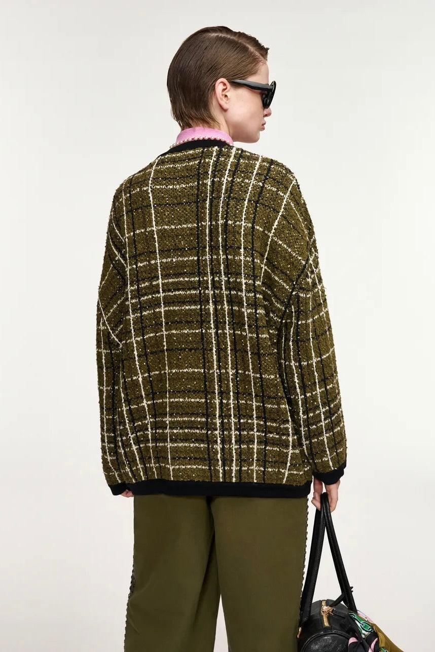 Veste en maille tweed kaki noir creme, longueur aux hanches Essentiel Antwerp Kannel -- Bonny Lyon 