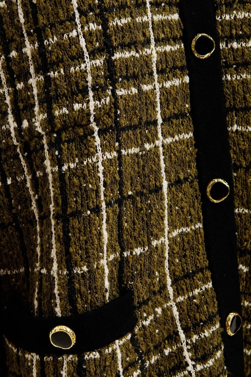 Veste en maille tweed kaki noir creme, longueur aux hanches Essentiel Antwerp Kannel -- Bonny Lyon 