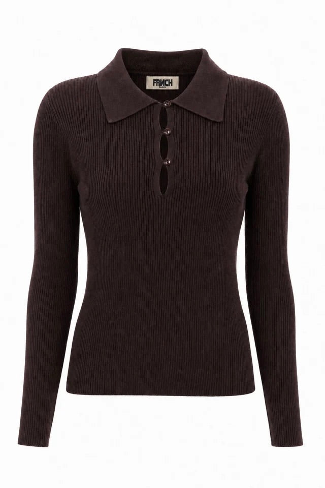 Pull col polo en maille marron douce 3 boutons à l'encolure Frnch Cyllène -- Bonny Lyon 
