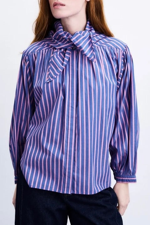 Blouse ample à rayures bleu et rose bandana à nouer au cou type lavallière Frnch Guri -- Bonny Lyon 