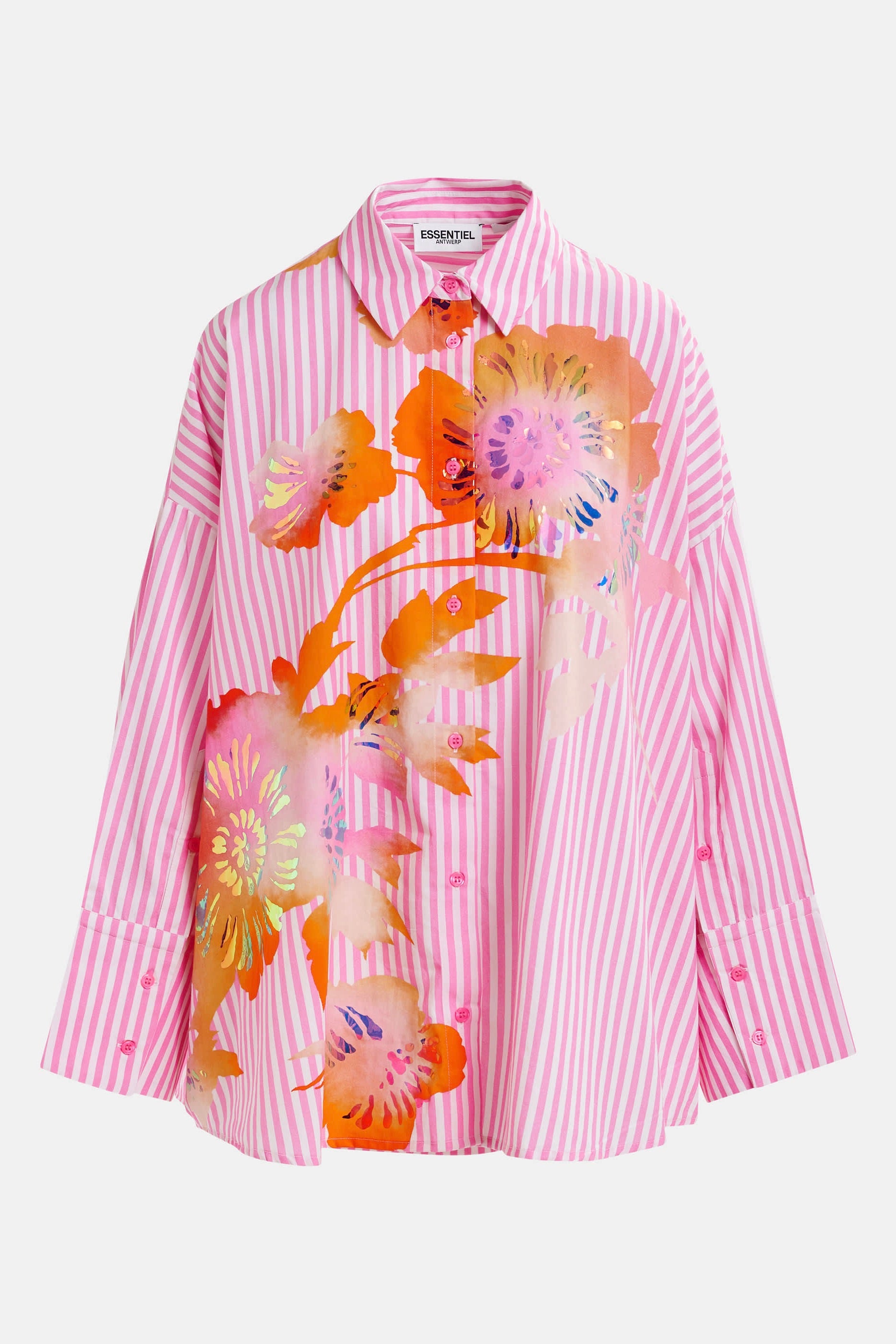 Chemise oversized rayée rose avec impression métallisée florale Hibra Essentiel Antwerp Lyon Bonny